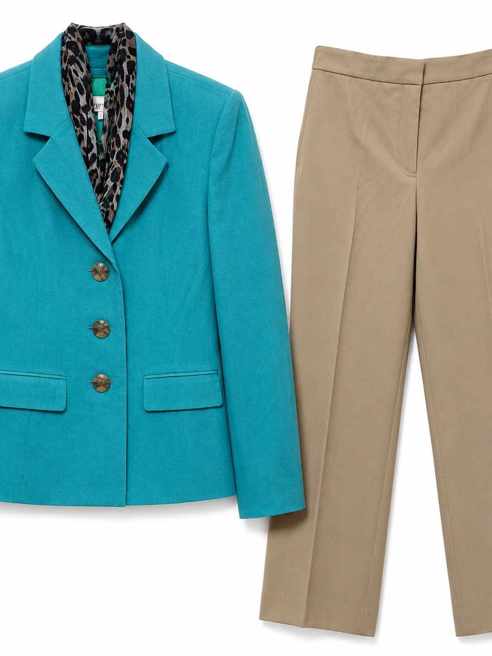 Evan Picone Teal Tailored Blazer with Leopard Trim